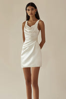 Load image into Gallery viewer, Satin White Bodycon Cowl Neck Graduation Dress