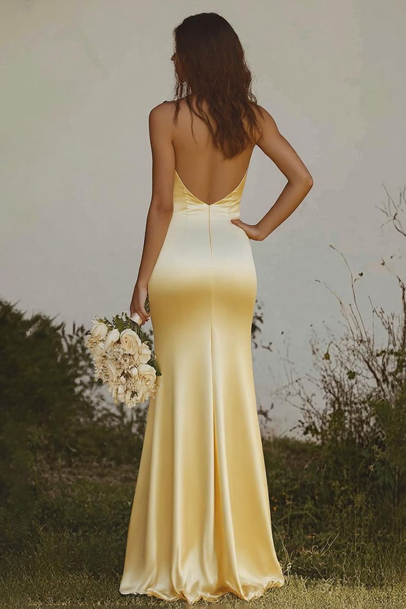 Load image into Gallery viewer, Mermaid Light Yellow Halter Satin Bridesmaid Dress