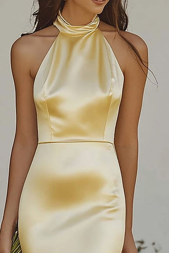 Mermaid Light Yellow Halter Satin Bridesmaid Dress