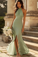 Load image into Gallery viewer, Halter Dusty Sage Mermaid Ruffles Chiffon Bridesmaid Dress
