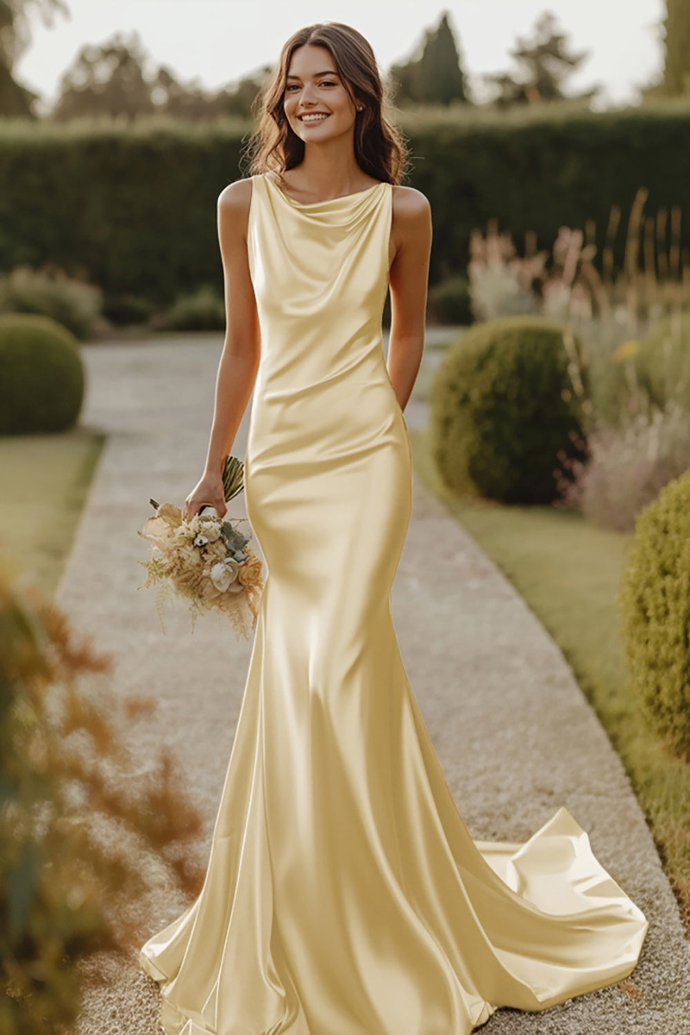 Daffodil Cowl Neck Satin Mermaid Long Bridesmaid Dress