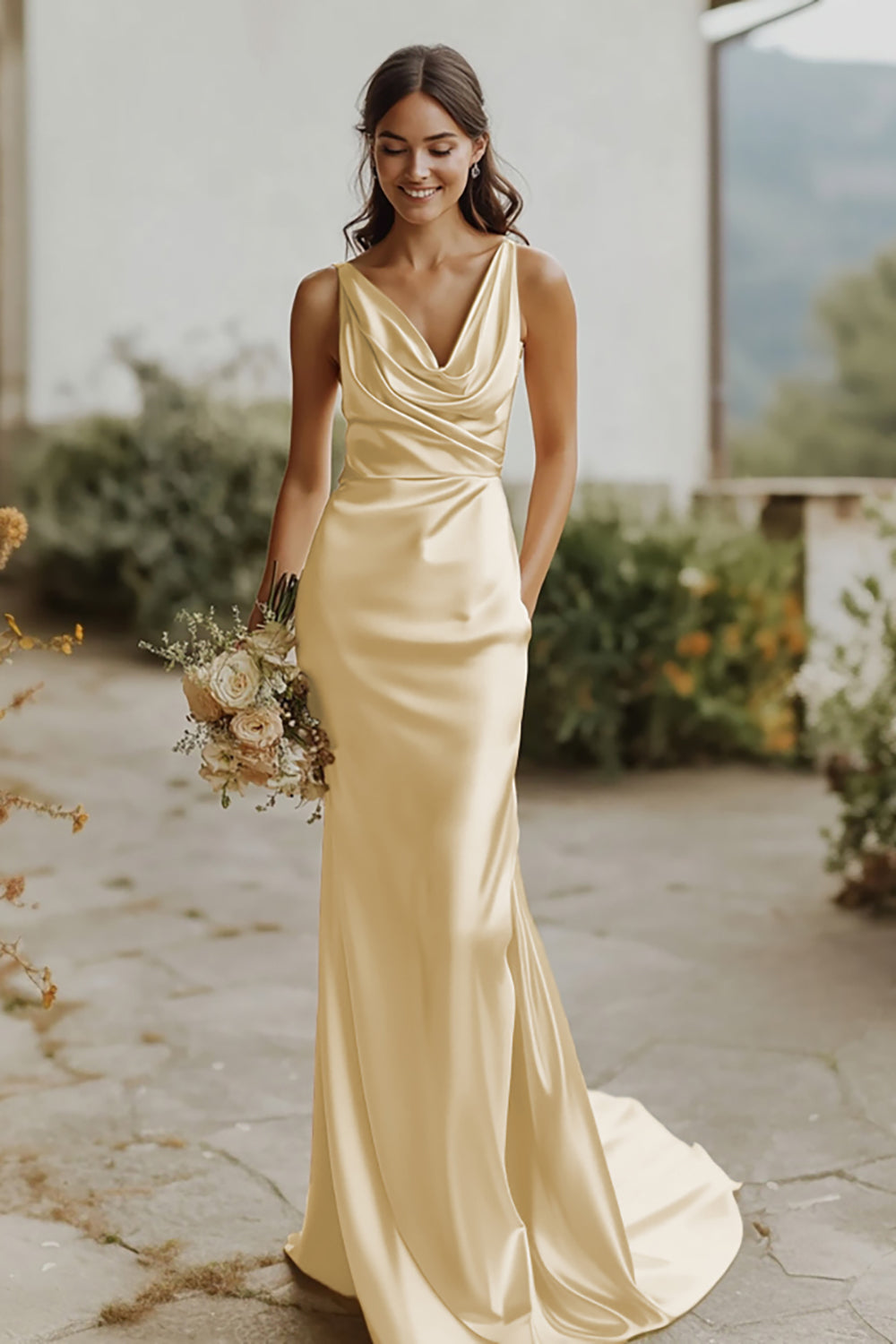 Sheath Daffodil V Neck Satin Bridesmaid Dress