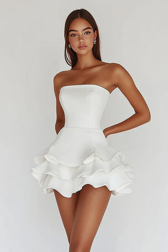 White Strapless A Line Tiered Matte Satin Graduation Dress