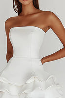 Load image into Gallery viewer, White Strapless A Line Tiered Matte Satin Graduation Dress