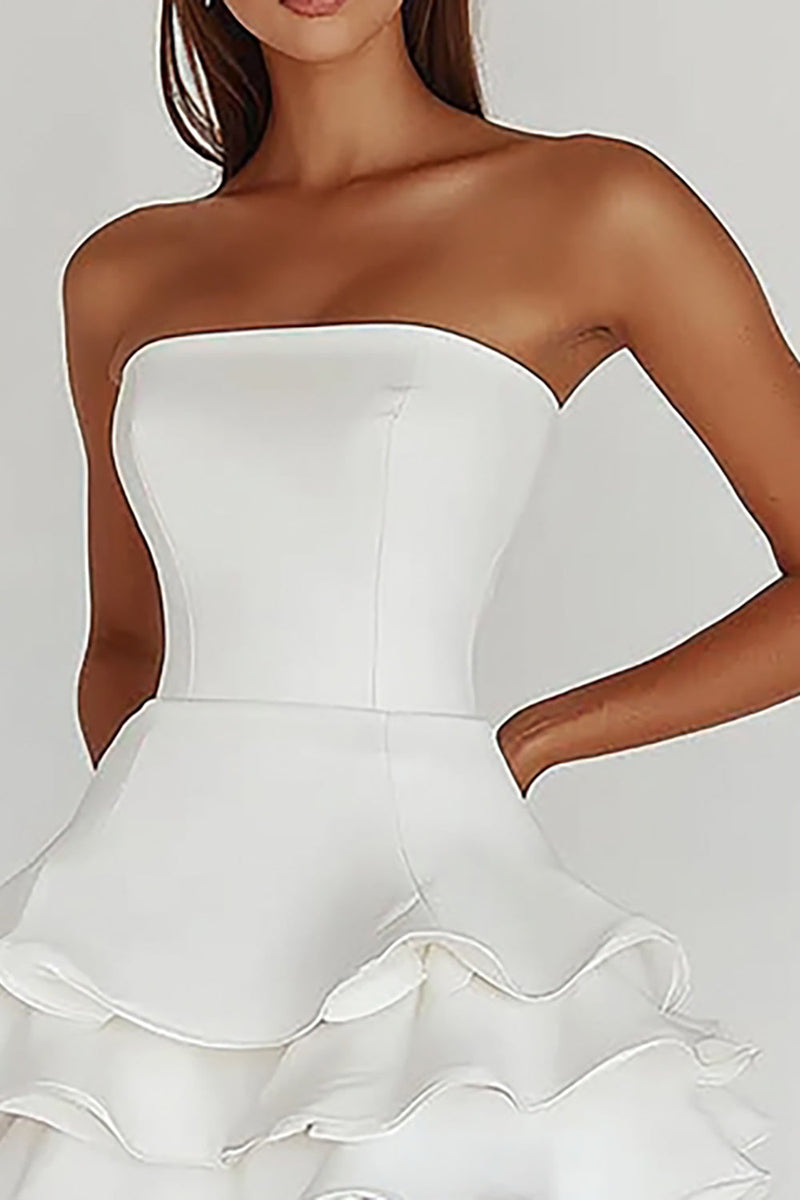 Load image into Gallery viewer, White Strapless A Line Tiered Matte Satin Graduation Dress