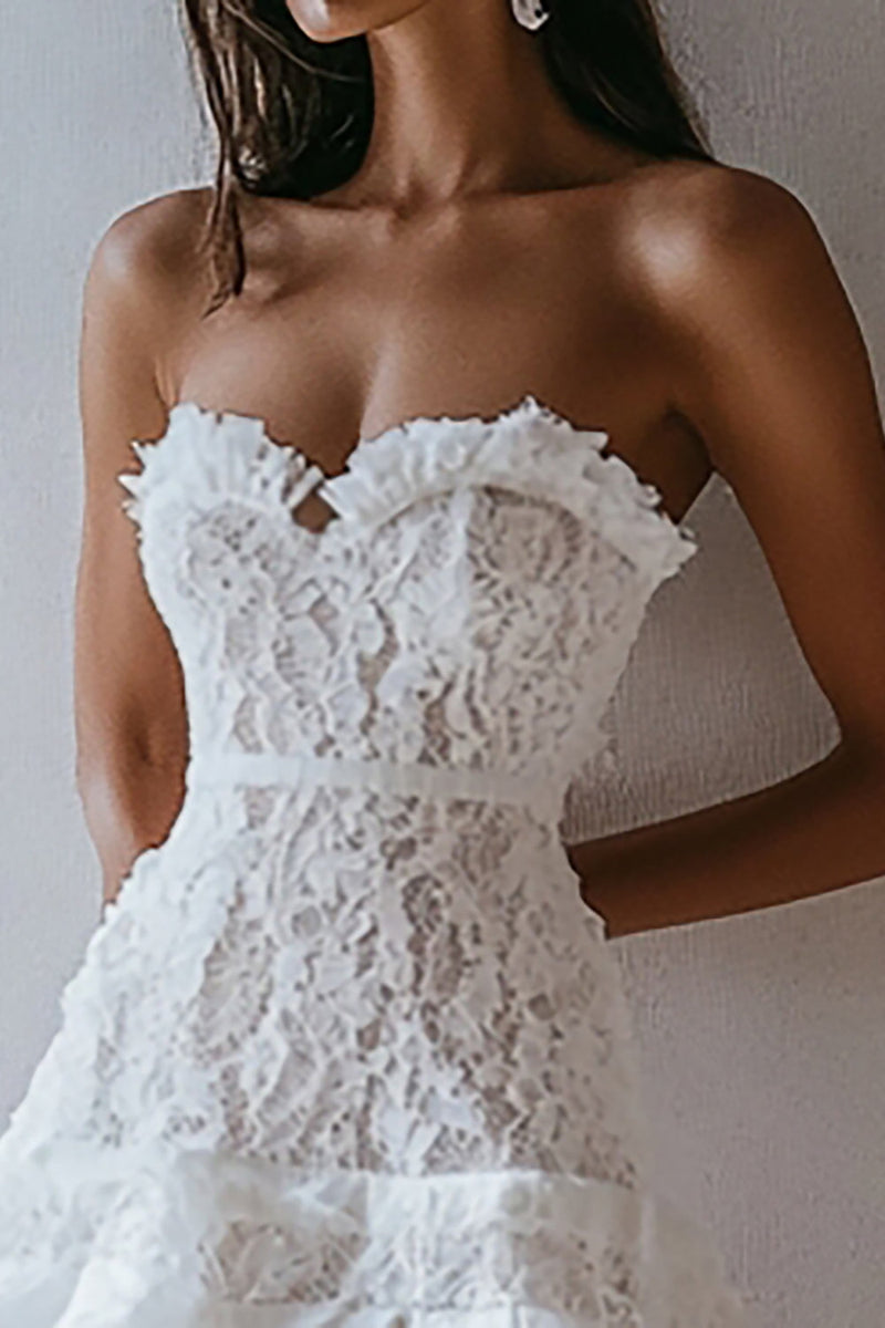 Load image into Gallery viewer, Strapless Lace White A Line Short Graduation Dress