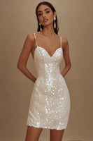 Load image into Gallery viewer, Sparkly White Spaghetti Straps Bodycon Short Graduation Dress