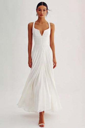 Flowy White Ruched A Line Engagement Dress