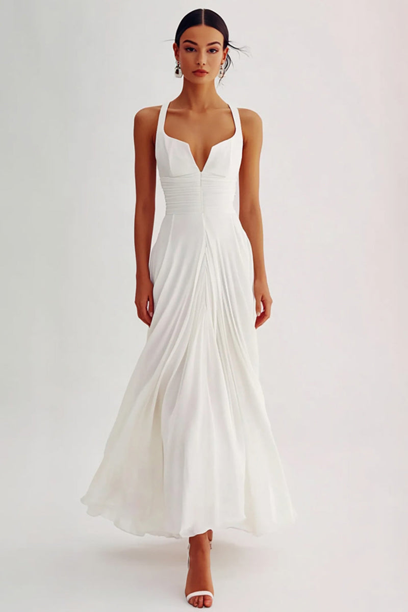 Load image into Gallery viewer, Flowy White Ruched A Line Engagement Dress