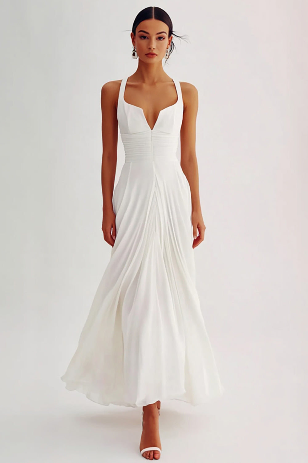Flowy White Ruched A Line Engagement Dress
