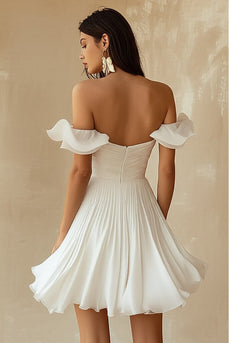 A Line Ruffled Off the Shoulder Pleated White Graduation Dress