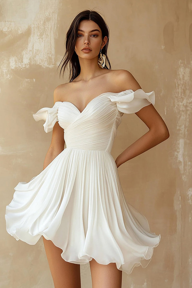 Load image into Gallery viewer, A Line Ruffled Off the Shoulder Pleated White Graduation Dress