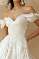 Load image into Gallery viewer, A Line Ruffled Off the Shoulder Pleated White Graduation Dress