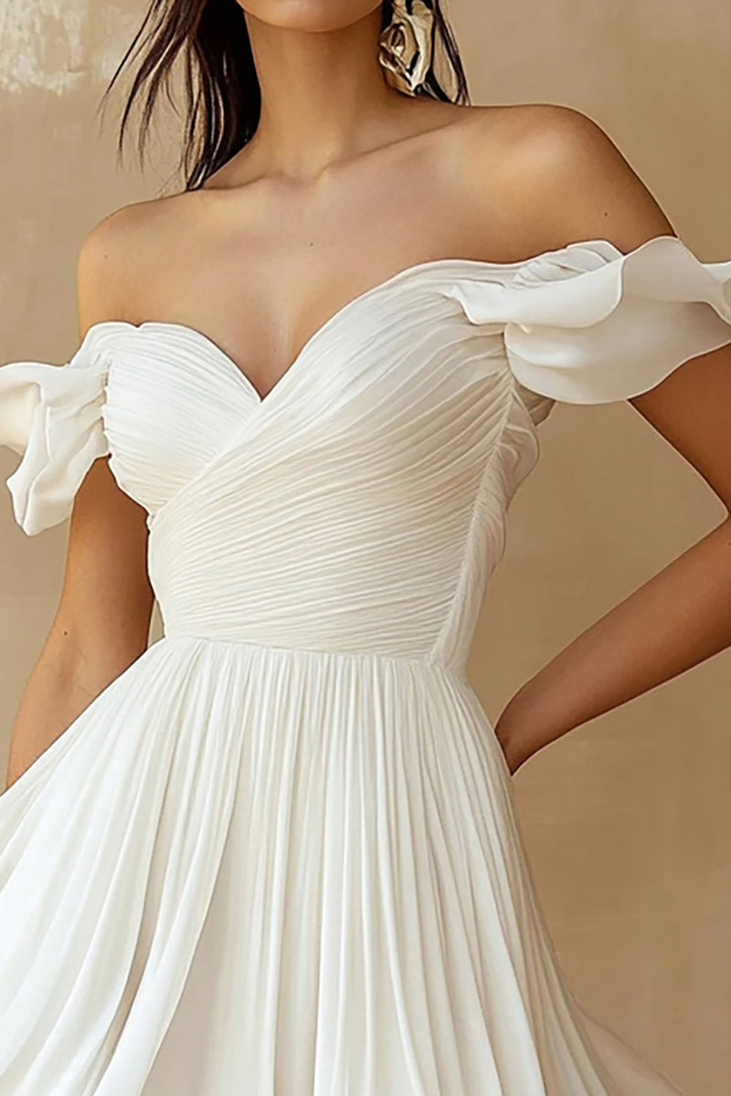 Load image into Gallery viewer, A Line Ruffled Off the Shoulder Pleated White Graduation Dress