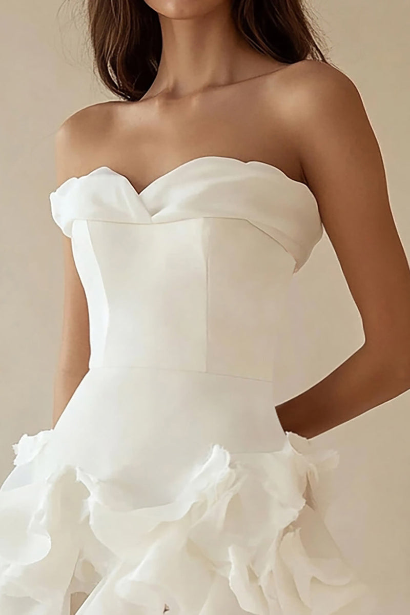 Load image into Gallery viewer, A-Line Strapless Ruffles Little White Graduation Dress