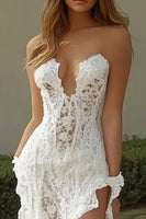 Load image into Gallery viewer, White Strapless Ruffled Lace Mermaid Wedding Dress