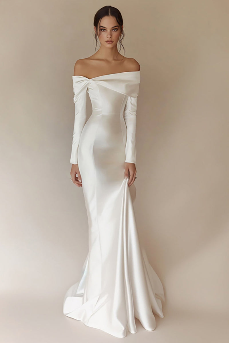 Load image into Gallery viewer, White Off The Shoulder Mermaid Wedding Dress with Long Sleeves