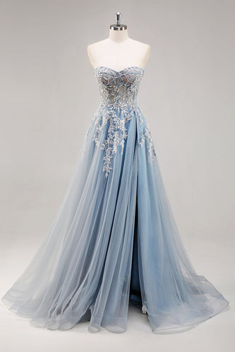 Dusty Blue A Line Strapless Sheer Corset Long Prom Dress