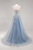 Load image into Gallery viewer, Dusty Blue A Line Strapless Sheer Corset Long Prom Dress