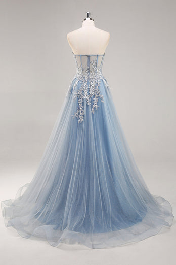 Dusty Blue A Line Strapless Sheer Corset Long Prom Dress
