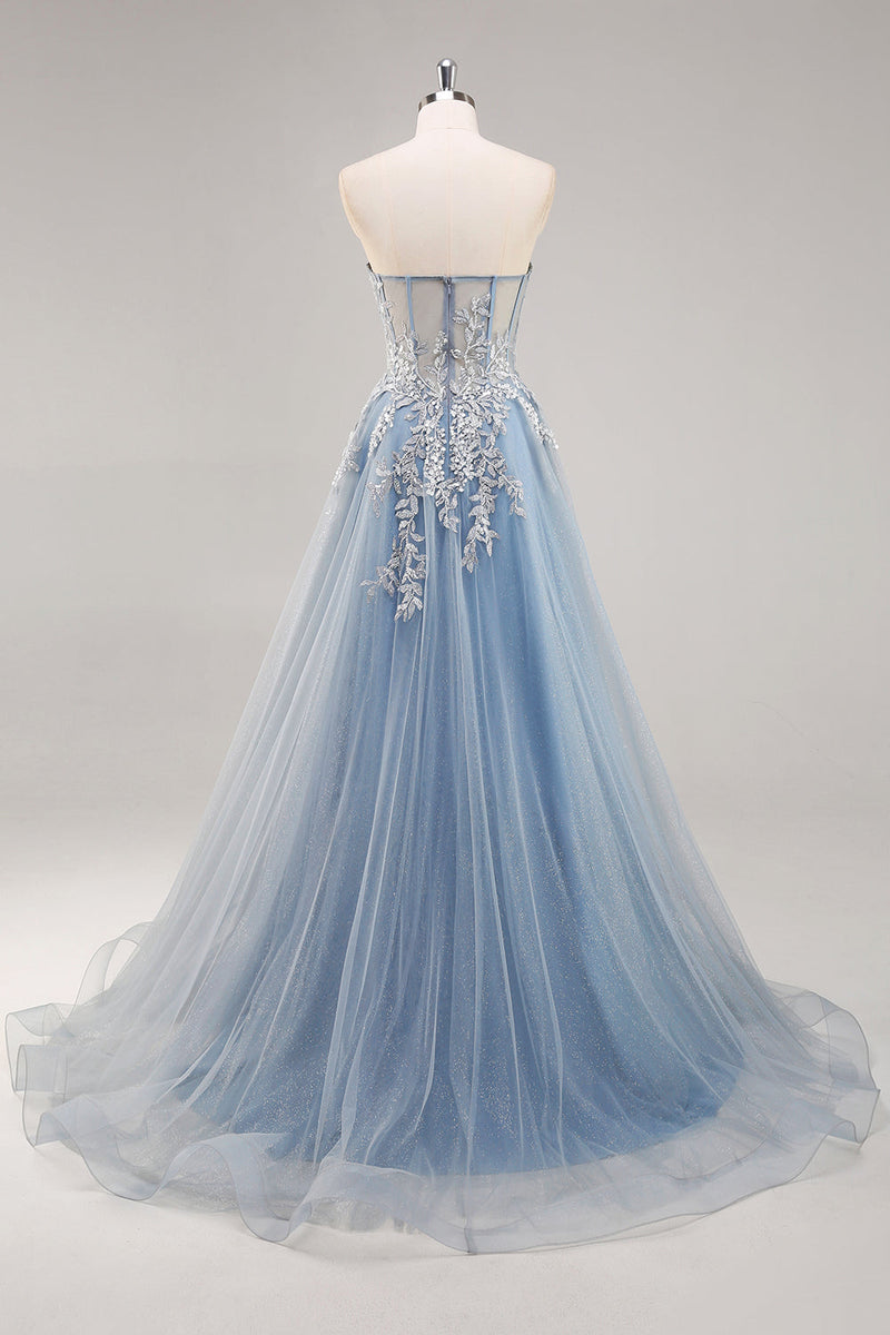 Load image into Gallery viewer, Dusty Blue A Line Strapless Sheer Corset Long Prom Dress