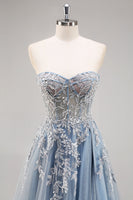 Load image into Gallery viewer, Dusty Blue A Line Strapless Sheer Corset Long Prom Dress