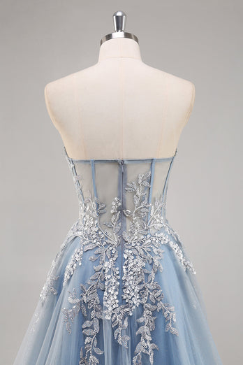 Dusty Blue A Line Strapless Sheer Corset Long Prom Dress