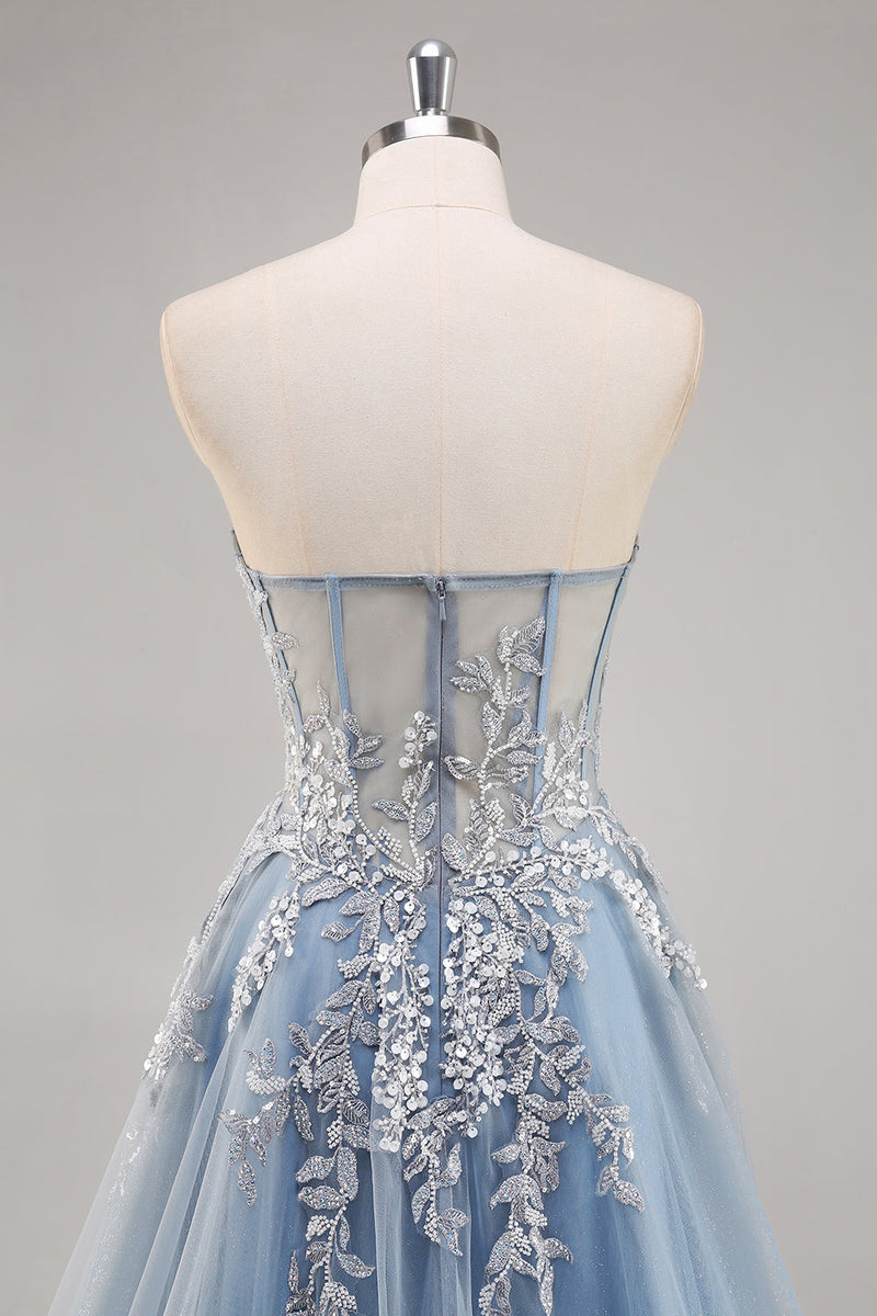 Load image into Gallery viewer, Dusty Blue A Line Strapless Sheer Corset Long Prom Dress