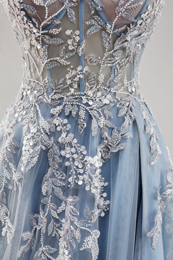 Dusty Blue A Line Strapless Sheer Corset Long Prom Dress