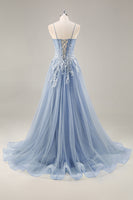 Load image into Gallery viewer, Dusty Blue A Line Strapless Sheer Corset Long Prom Dress