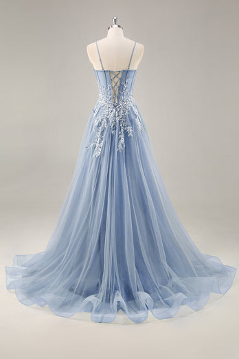 Dusty Blue A Line Strapless Sheer Corset Long Prom Dress