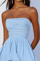 Load image into Gallery viewer, Sky Blue A Line Strapless Chiffon Short Cocaktail Dress with Ruffles