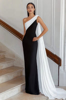 Load image into Gallery viewer, One Shoulder Sheath Long Black Tie Dress with Streamer
