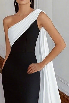 One Shoulder Sheath Long Black Tie Dress with Streamer