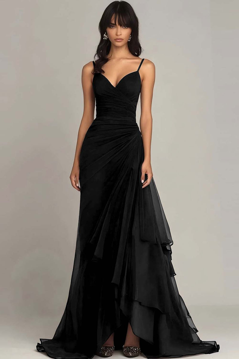 Load image into Gallery viewer, Dark Brown Spaghetti Straps A Line Ruffled Formal Dress