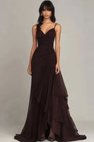 Load image into Gallery viewer, Dark Brown Spaghetti Straps A Line Ruffled Formal Dress