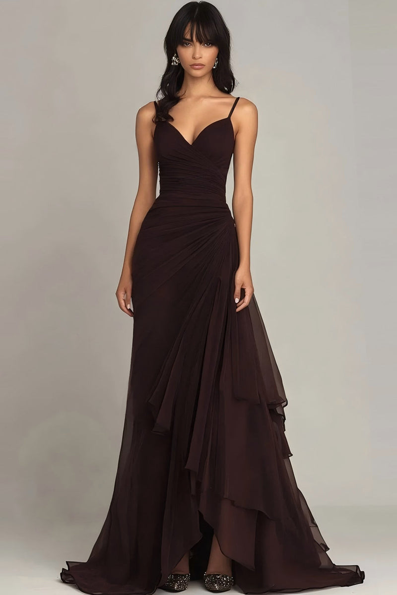 Load image into Gallery viewer, Dark Brown Spaghetti Straps A Line Ruffled Formal Dress