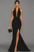 Load image into Gallery viewer, Mermaid Black Halter Satin Long Formal Dress with Slit