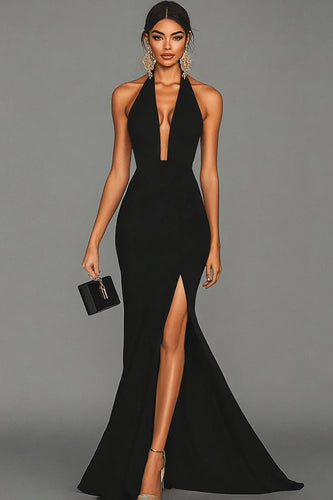 Mermaid Black Halter Satin Long Formal Dress with Slit