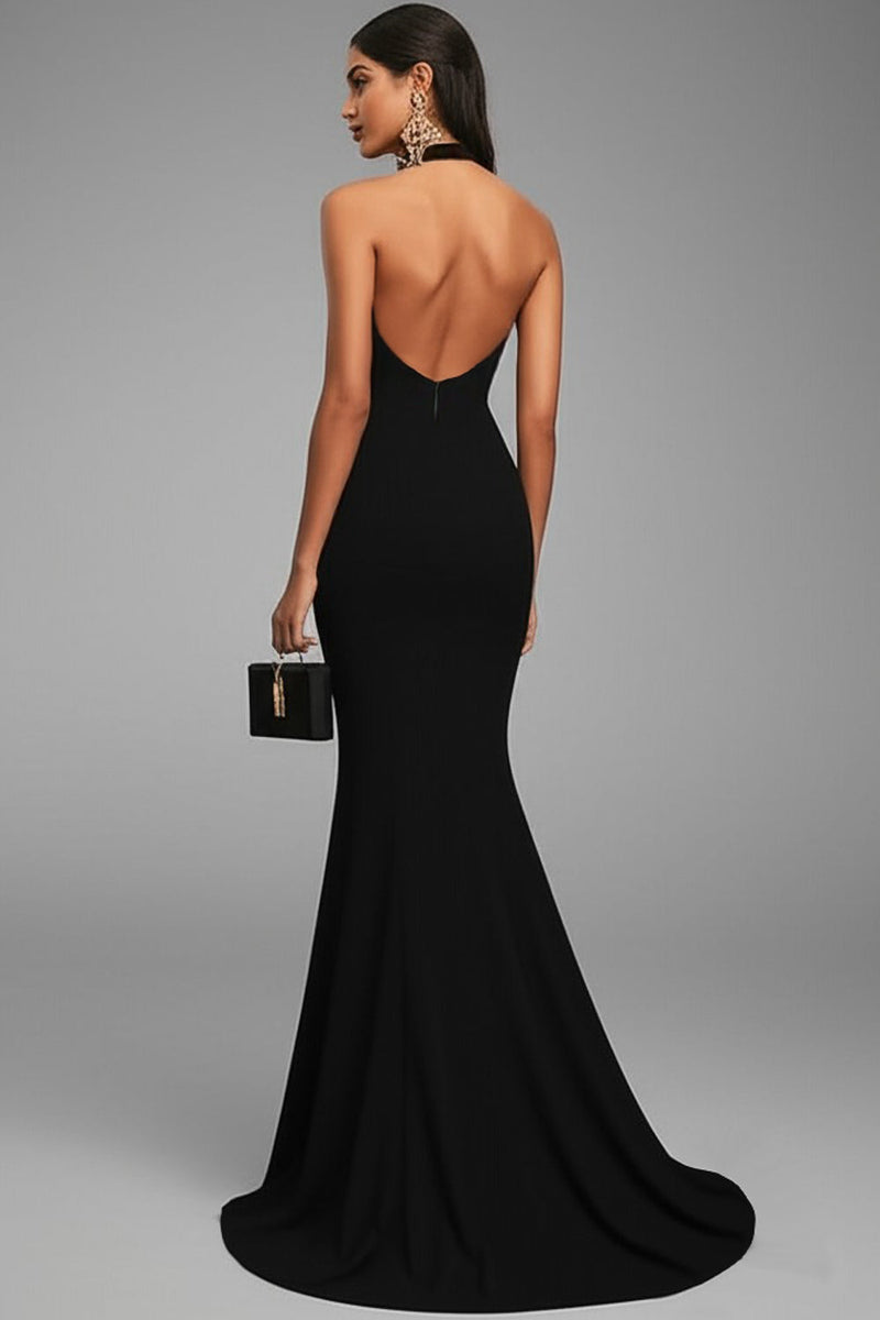 Load image into Gallery viewer, Mermaid Black Halter Satin Long Formal Dress with Slit