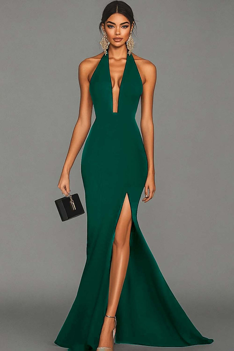 Load image into Gallery viewer, Mermaid Black Halter Satin Long Formal Dress with Slit