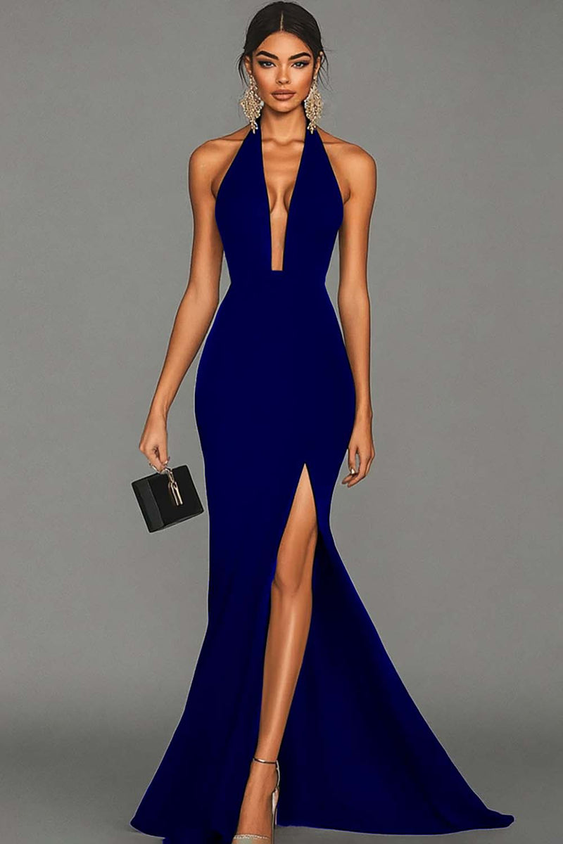 Load image into Gallery viewer, Mermaid Black Halter Satin Long Formal Dress with Slit