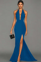 Load image into Gallery viewer, Mermaid Black Halter Satin Long Formal Dress with Slit