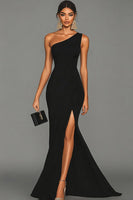 Load image into Gallery viewer, Mermaid Black One Shoulder Formal Dress with Slit