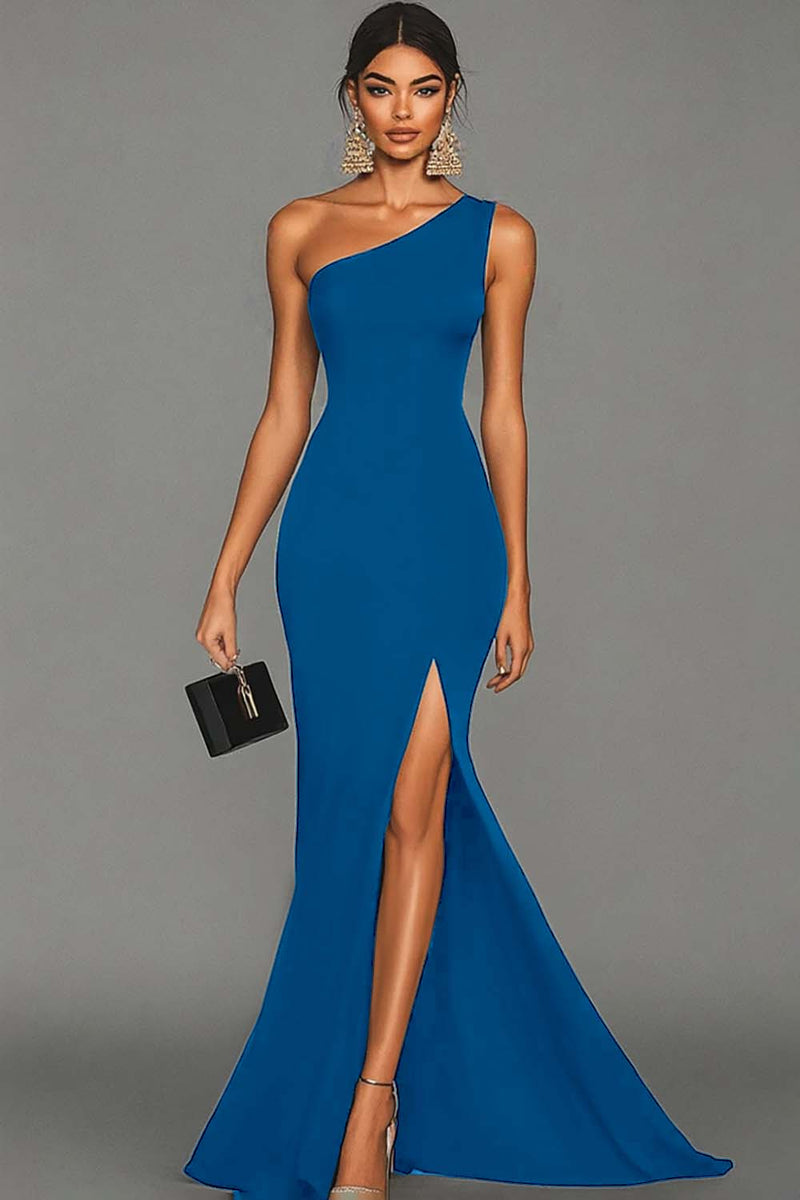 Load image into Gallery viewer, Mermaid Black One Shoulder Formal Dress with Slit
