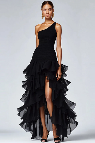 One Shoulder Ruffled A Line Black Formal Dress with Slit