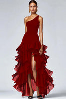 Load image into Gallery viewer, One Shoulder Ruffled A Line Black Formal Dress with Slit