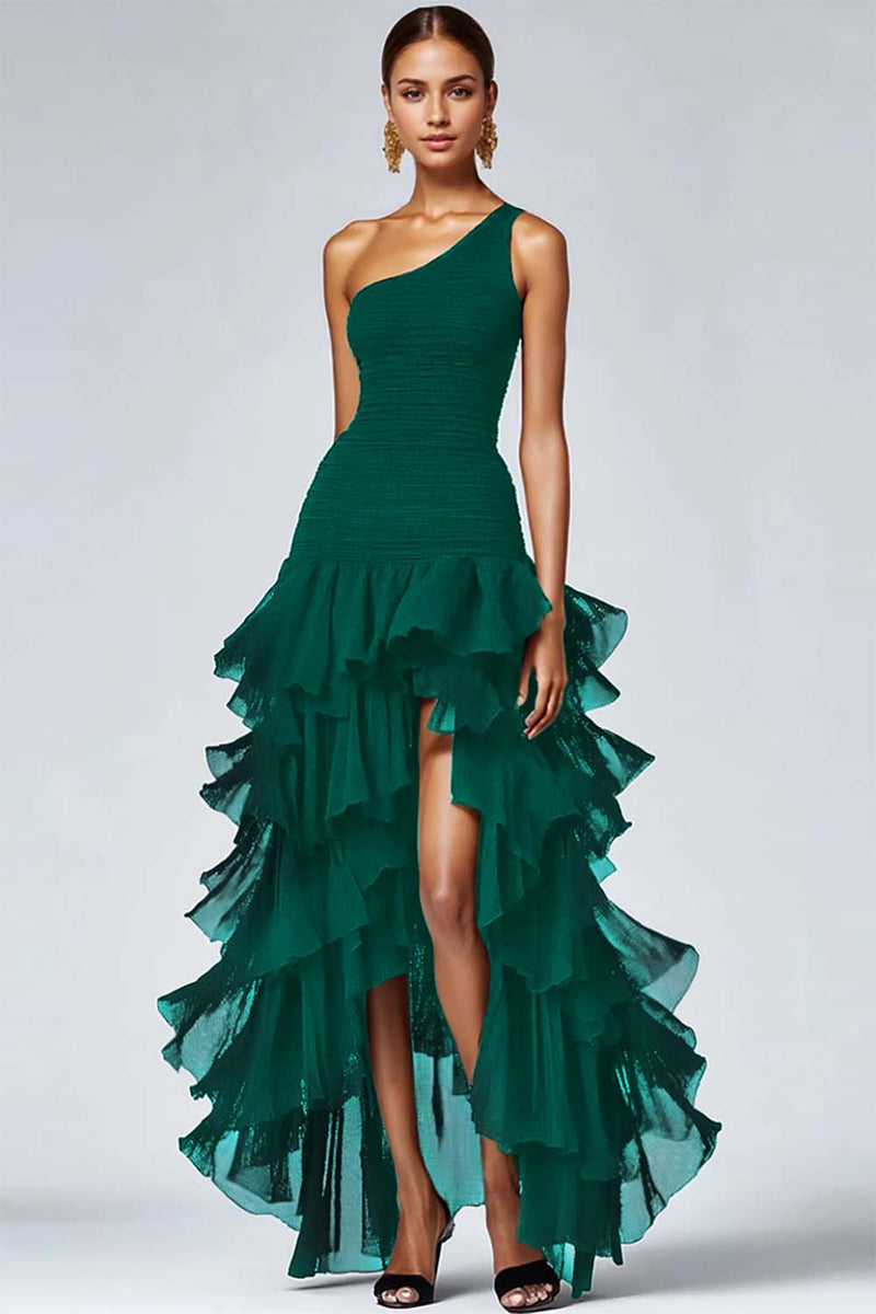 Load image into Gallery viewer, One Shoulder Ruffled A Line Black Formal Dress with Slit