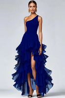 Load image into Gallery viewer, One Shoulder Ruffled A Line Black Formal Dress with Slit