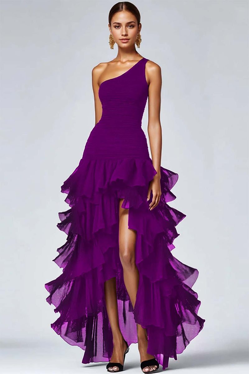 Load image into Gallery viewer, One Shoulder Ruffled A Line Black Formal Dress with Slit